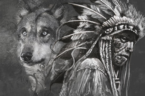 沃尔夫和美国<strong>印第安酋长</strong>。纹身