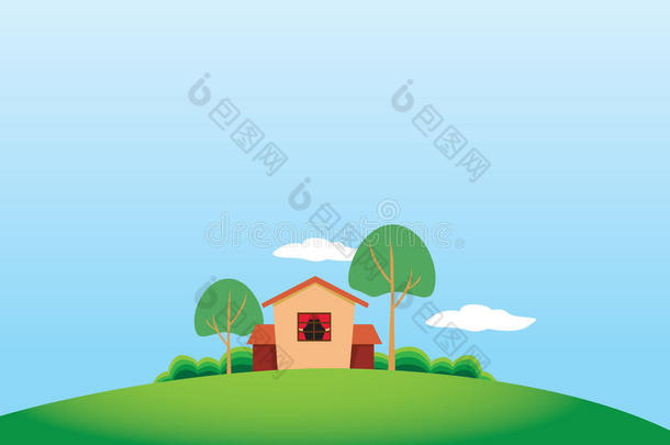 卡通片斯图尔乡村房屋和树木