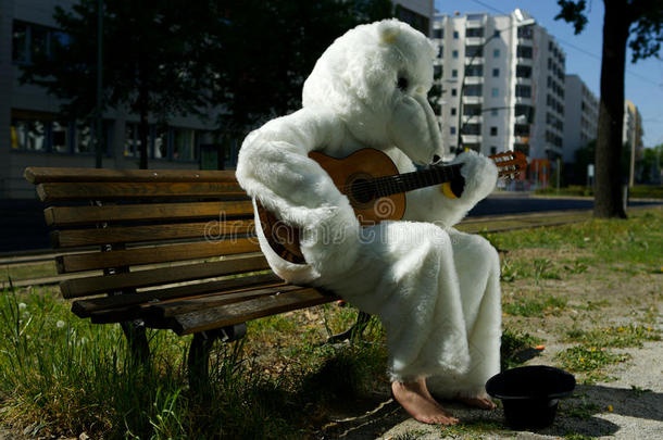 街头街头艺人穿着熊套装弹吉他