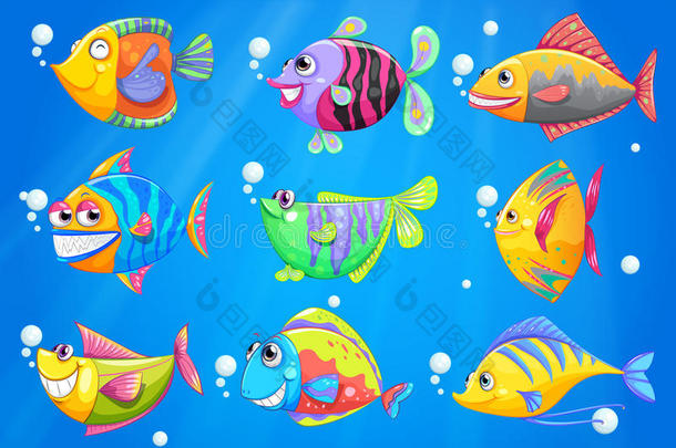 有九条五彩缤纷的鱼的海洋