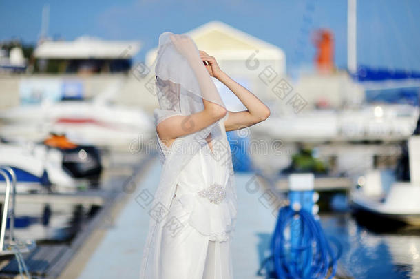 美丽的新娘在港口摆姿势