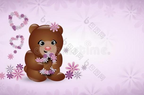浅紫色背景上有花的可爱小熊