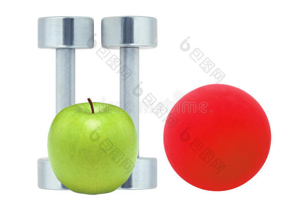 镀铬健身哑铃、红球和苹果