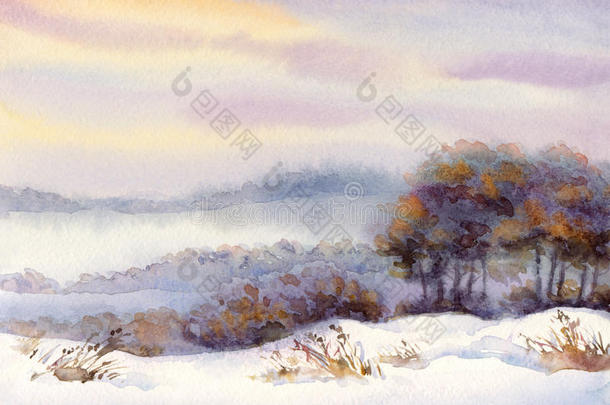 冬季水彩风景画。山上的树