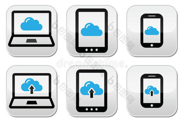 笔记本电脑、平板电脑、智能手机图标上的云网络