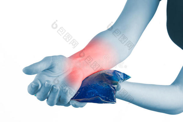 <strong>冰凉</strong>的凝胶包在肿胀的手腕上。