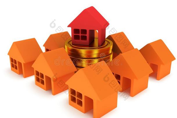 橙色的房子和红色的房子。3d渲染。