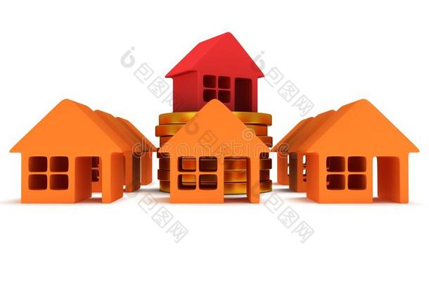 橙色的房子和红色的房子。3d渲染。