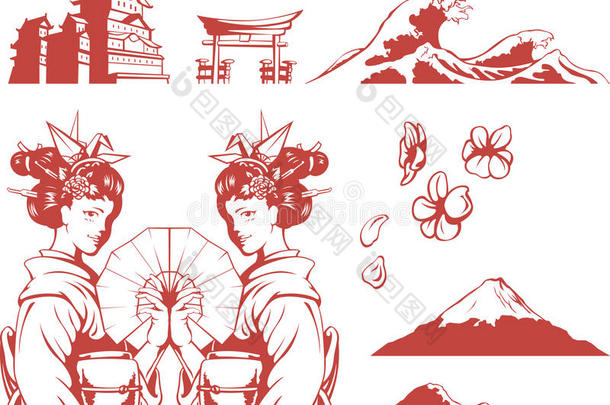 日本布景女孩和服，樱花，山，c