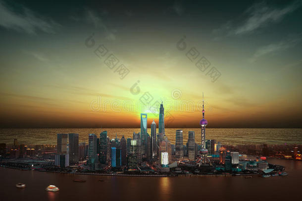 空中摄影日落时的上海天际线
