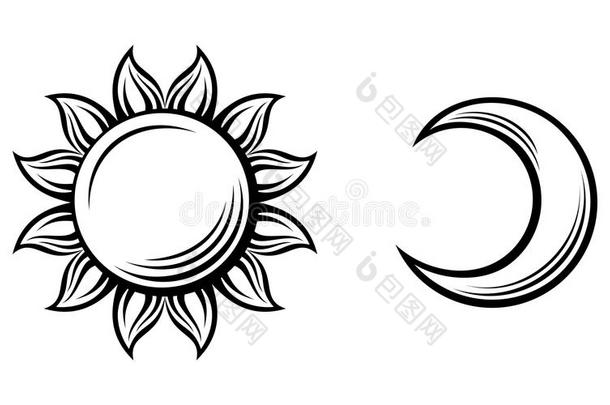 太阳和月亮的黑色轮廓。矢量