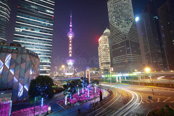 上海现代城市地标背景交通夜景