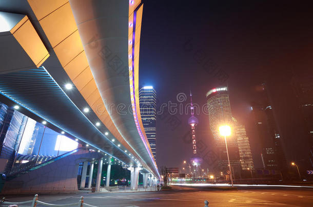 上海现代城市地标背景交通夜景