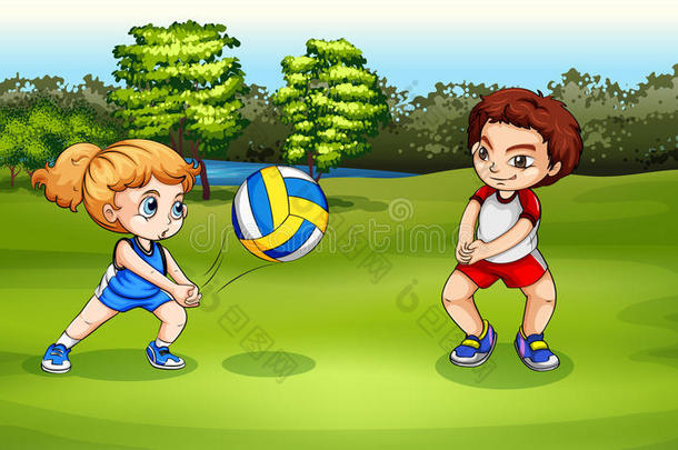 一个女孩和一个男孩在打排球
