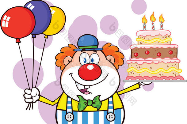 生日快乐小丑卡通人物与气球和蛋糕与蜡烛
