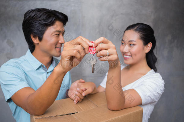 幸福的夫妇拿着房子的钥匙，靠在移动的箱子上