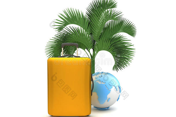旅行包和棕榈树下的地球仪