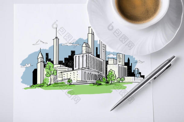 带城市素描和咖啡的便笺纸