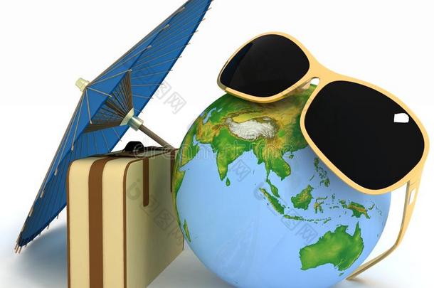 三维手提箱，地球仪和雨伞