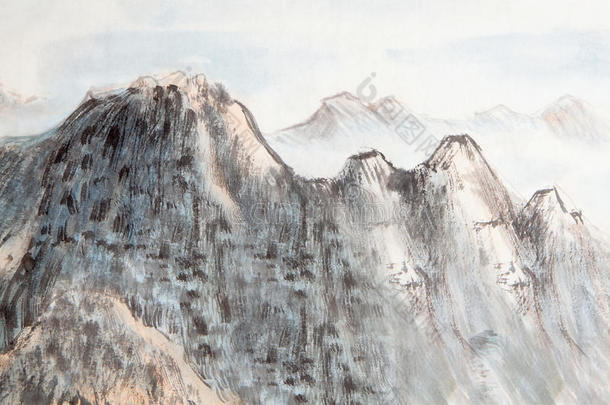 中国画、山、树