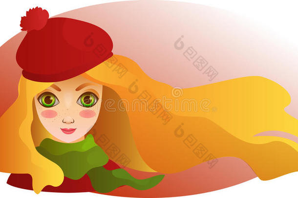 戴贝雷帽的漂亮女孩的肖像。秋季壁纸