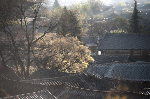 历史悠久的丽江大雁古城屋顶。