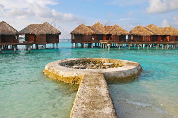 马尔代夫，一个热带度假岛屿的水上平房里，蓝天碧水，圆形结构，期待已久的假期