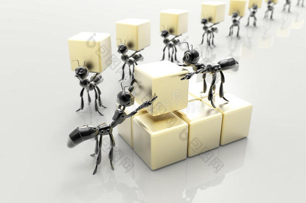 商业团队概念。三维蚂蚁与立方体。