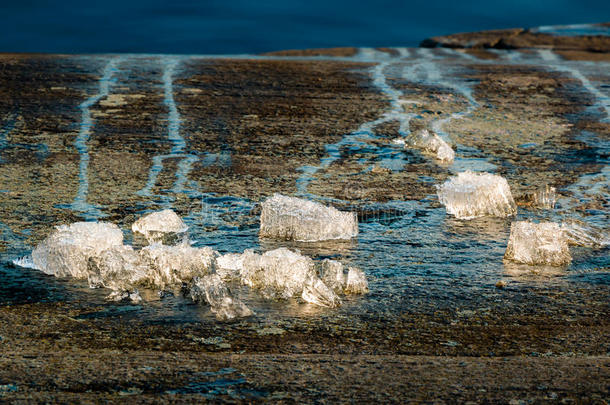 湖边岩石上融化的冰块