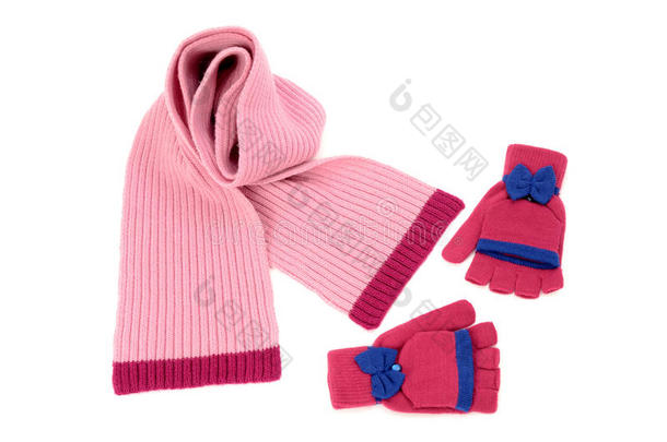 可爱的粉红色冬季围巾和一副手套安排得很好。