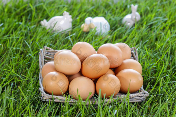 一篮<strong>子鸡蛋</strong>站在新鲜的草地上