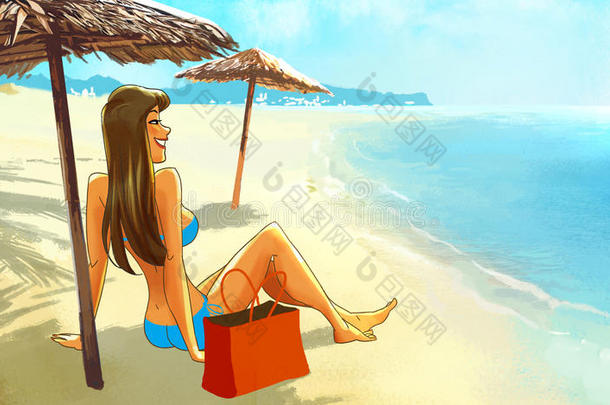 穿着比基尼的女孩坐在沙滩上，打着阳伞