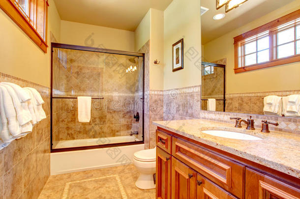 带瓷砖墙面装饰的漂亮浴室