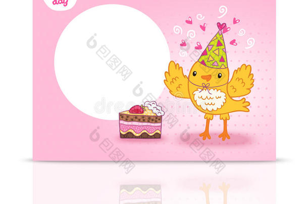 可爱的生日快乐明信片模板与一只鸟。