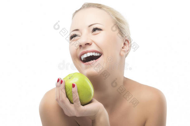 白种<strong>女人节</strong>食吃苹果。 健康的生活方式，坚果