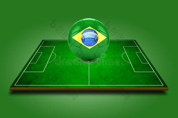 带有巴西标志的绿色足球场和足球的三维图像