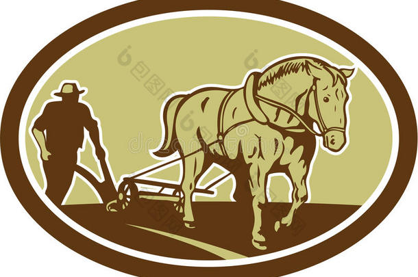 马匹和农民耕作农场椭圆形复古