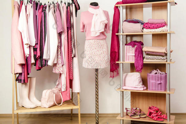 衣架和<strong>架子</strong>上放着粉红色<strong>衣服</strong>的更衣室，装在人体模型上。