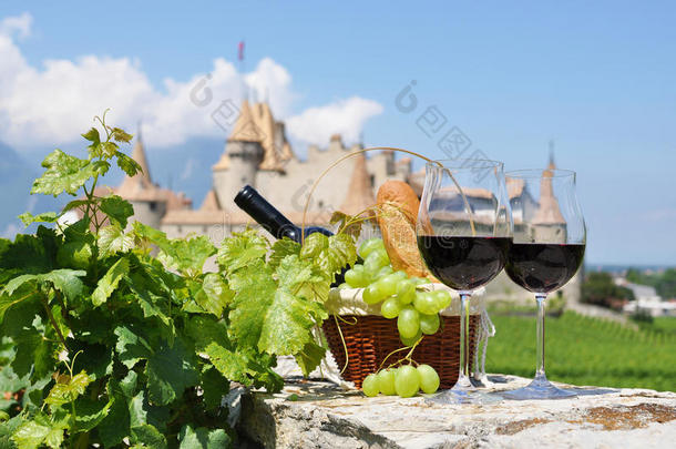 红酒和葡萄映衬着一座古老的城堡
