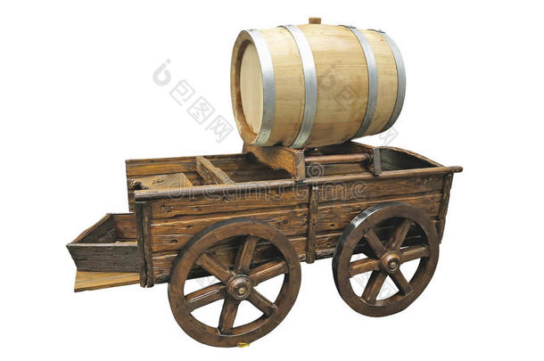 古董木车，酒桶与白色隔离