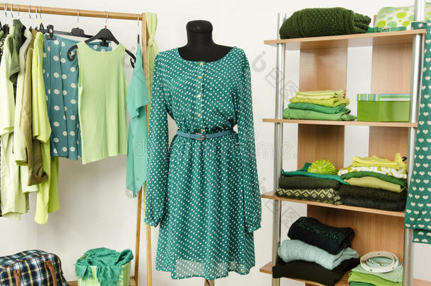 衣柜，衣架和架子上放着绿色衣服，穿着人体模型。