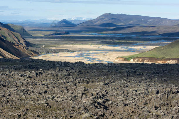 冰岛兰曼纳劳加火山熔岩场、山谷和河流<strong>远眺</strong>