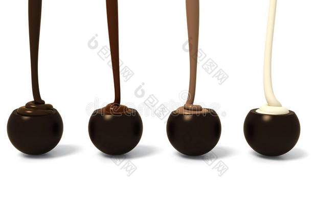 黑巧克力果冻串成一排，不同的chcolate奶油馅料