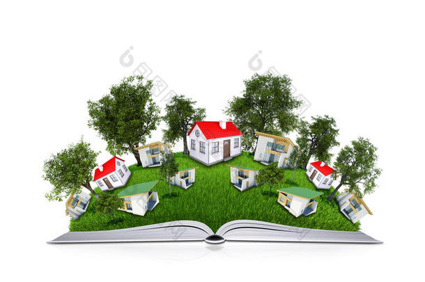 书页上有草、树和房子