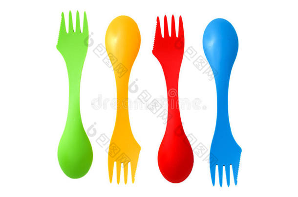 四色塑料野营餐具工具勺子和叉子
