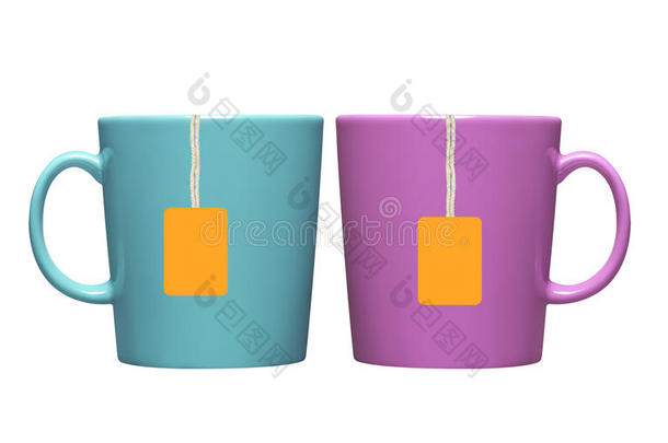 两个杯子和<strong>茶</strong>包，白色上有橙色标签
