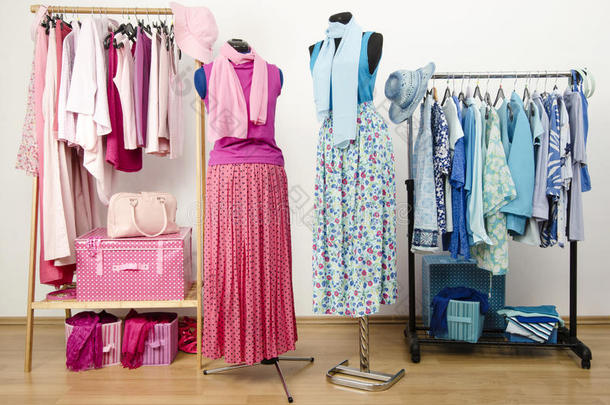 有粉色和蓝色衣服的衣柜，两个人体模型上都有服装。