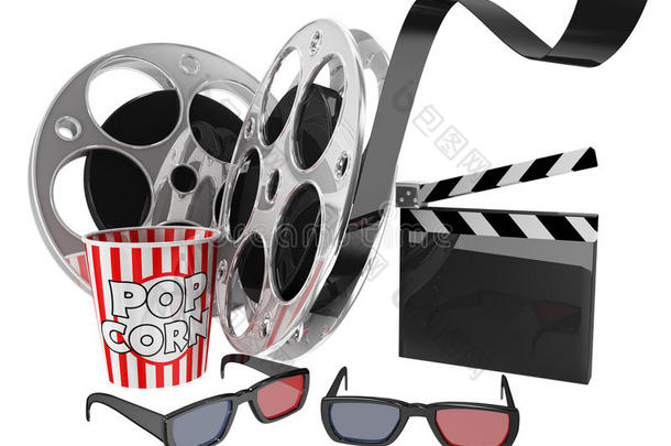 电影概念，爆米花，3d眼镜，电影胶片
