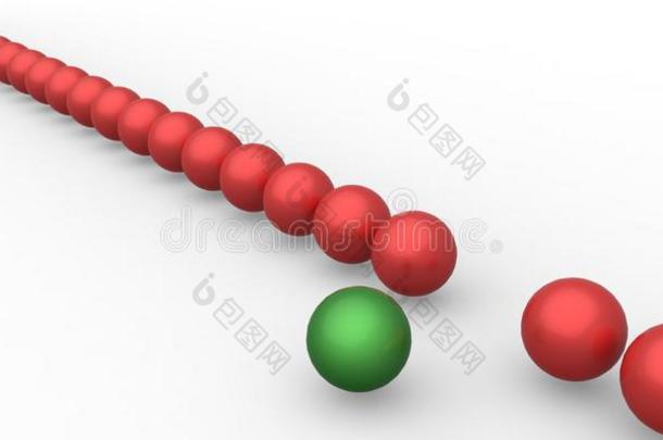 许多<strong>相同</strong>的3d红色球体和只有一个绿色球体不同的白色背景