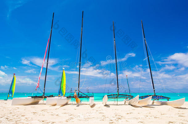 一群双体船在异国风情的加勒比海海滩上扬起五颜六色的帆